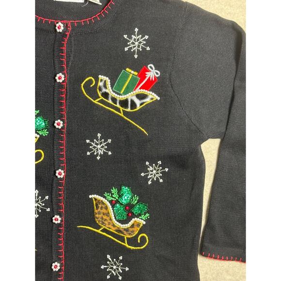 Christmas Sweater Embellished Pearls Sequin Black Animal Print Sleighs Sz Large - Picture 3 of 10